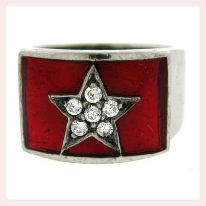 A red and white Sterling Silver Ring with Light Blue Enamel & CZ Star adorned with diamonds, made of sterling silver.