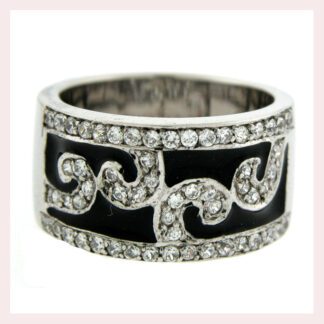 A black and white ring with diamonds, swirls, and the Band with CZ & Black Enamel in Sterling Silver.