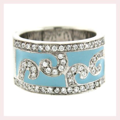 A blue and white Band with CZ & Black Enamel in Sterling Silver adorned with diamonds and rhinestones.