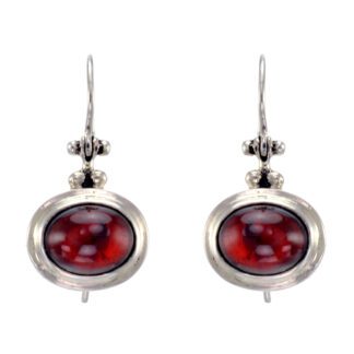 A pair of sterling silver earrings with a red stone, Cabochon Earrings with Amethyst, Blue Topaz, Citrine & Garnet in Platinet.
