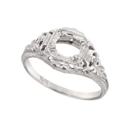 An ornate Filigree Semi mount in 10KT White Gold engagement ring.