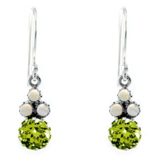 A pair of Dangle Victorian Earrings with Opal Accents in Platinet, accented with peridot and white crystals.