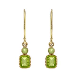 Vintage Earrings with Semi Precious Stones in 10KT Gold featuring peridot and emerald, suspended on gold hooks.