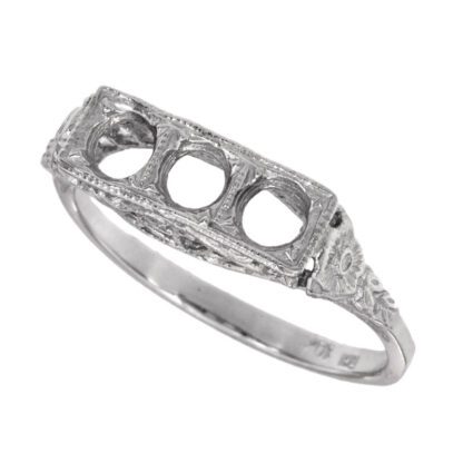A stunning Victorian 3 Stone Semi Mount in 10KT White Gold ring, featuring three beautifully carved holes.