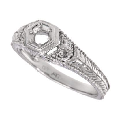 A Victorian 3 Stone Semi Mount in 10KT White Gold engagement ring with diamonds.