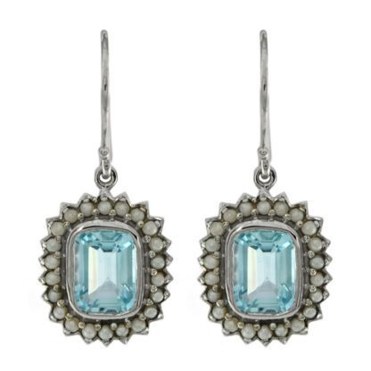 A pair of earrings with blue topaz and pearls.