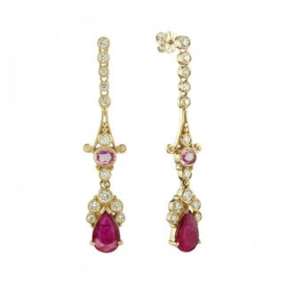 2006R Vintage Ruby Earrings with Pink Sapphires & Diamonds 14KT Gold