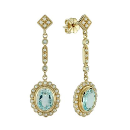Vintage Blue Topaz & Pearl Earrings in 10KT Yellow Gold