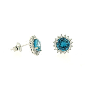 Blue Zircon & Diamond Stud Earrings in 14KT White Gold