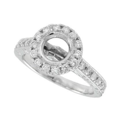 A Semimount with Diamonds in 14KT White or Yellow Gold halo engagement ring with round diamonds.