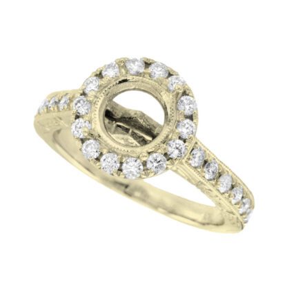 A yellow gold halo engagement ring with round diamonds. 

Semimount with Diamonds in 14KT White or Yellow Gold