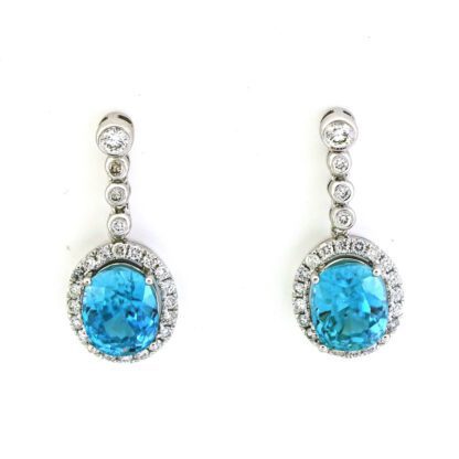 888626BZ Blue Zircon & Diamond Dangle Earrings in 14KT White Gold