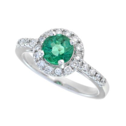 43714E Classic Emerald & Diamond Halo Ring in14KT White Gold