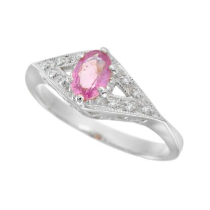 0095PS Vintage Pink Sapphire & Diamond Ring in 10KT White Gold