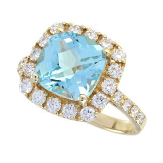 4372Q Diamond Halo Aquamarine Ring in 14KT Yellow Gold