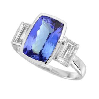 5701TZ Barrel Cut Tanzanite & Diamond Ring in 14KT White Gold