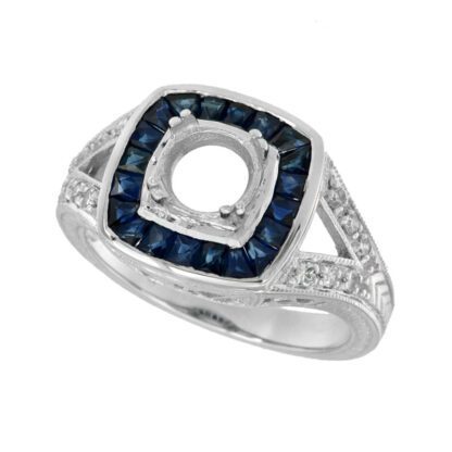 An Art Deco Sapphire & Diamond Semi Mount in 14KT Gold with blue sapphires and diamonds.