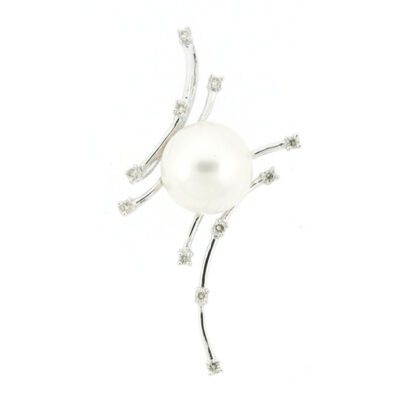 A white pearl and diamond brooch.
