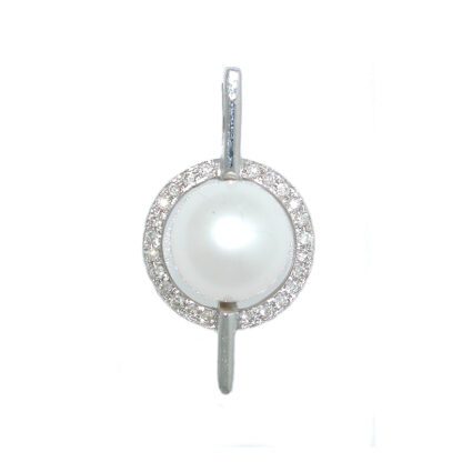 A white pearl and diamond pendant on a white background.