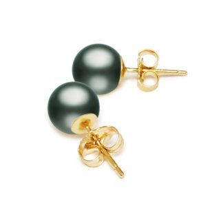 A pair of 8.5 - 9mm Black Pearl stud earrings in yellow gold.