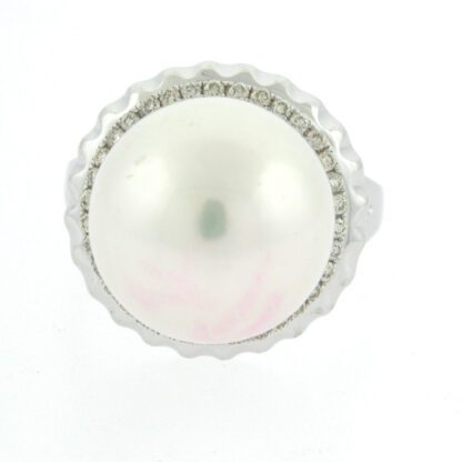An elegant Rings with South Seas Pearl & Diamonds in 14KT Gold on a white background, crafted with 14KT gold.