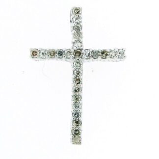 A Cross with Prong Set Diamonds in Platinet pendant on a white background.