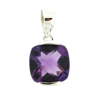 A pedant with a Cushion Cut Amethyst in Platinet on a silver chain.